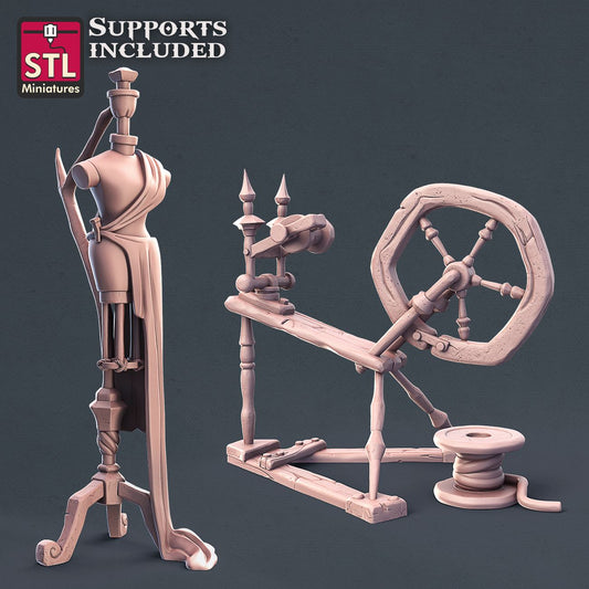 Fabric Seller Mannequin&Spinning Wheel 3D Model - ENE2021 STLMiniatures